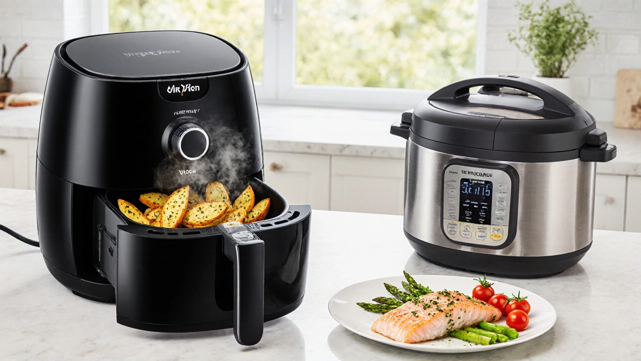 Air‑fryer и вакуумный шкаф готовят хрустящую картошку и рыбу с овощами.