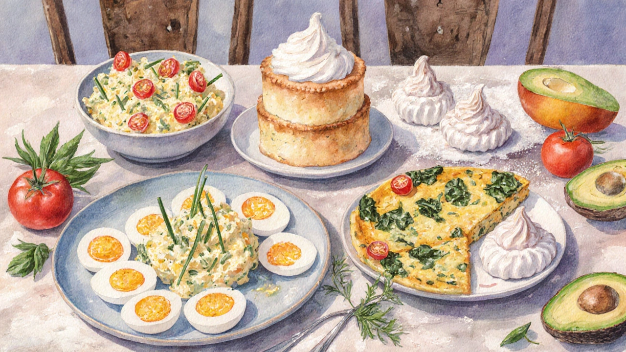 Большой завтрак с разнообразными блюдами из яиц: варёные, фриттата, суфле, безе, украшены травами.