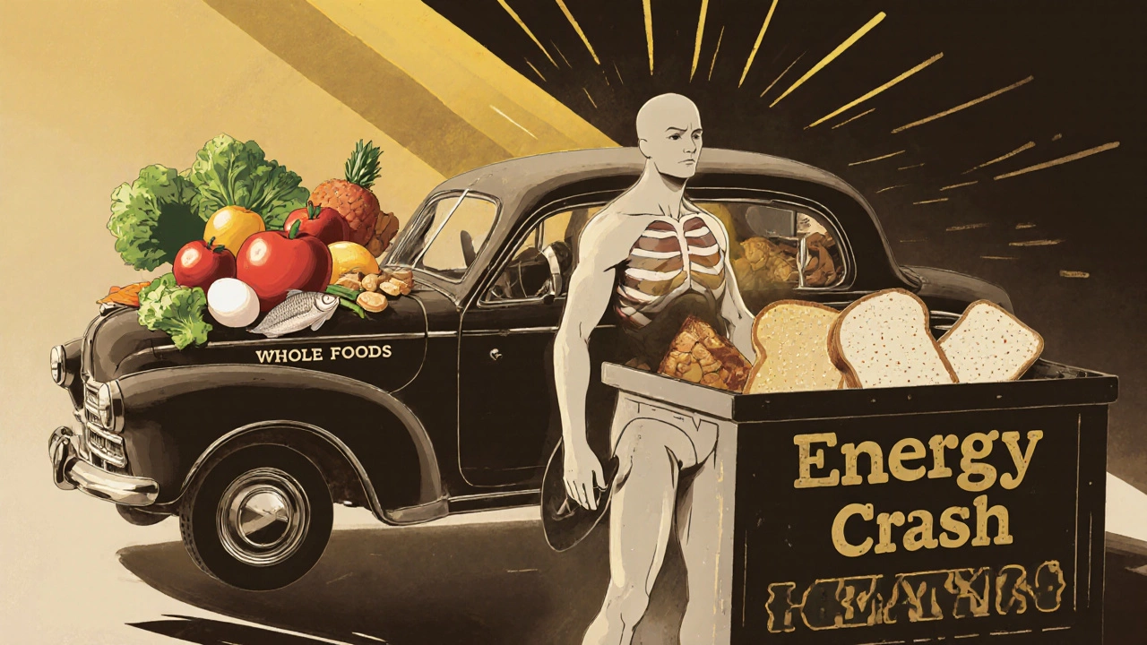 Человеческое тело как автомобиль, заправляемый полезными продуктами, в то время как фастфуд выбрасывается в мусор.