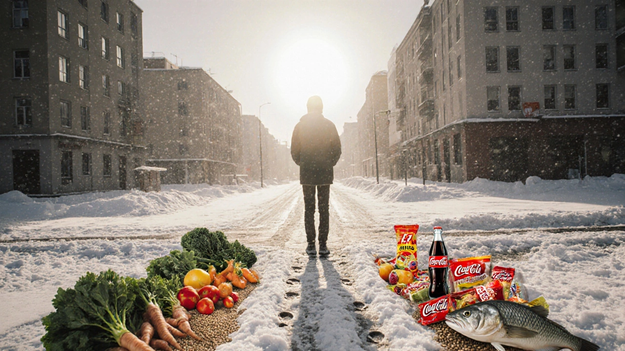 Человек на перекрестке: один путь — здоровая еда под солнцем, другой — упакованные продукты под серым небом.