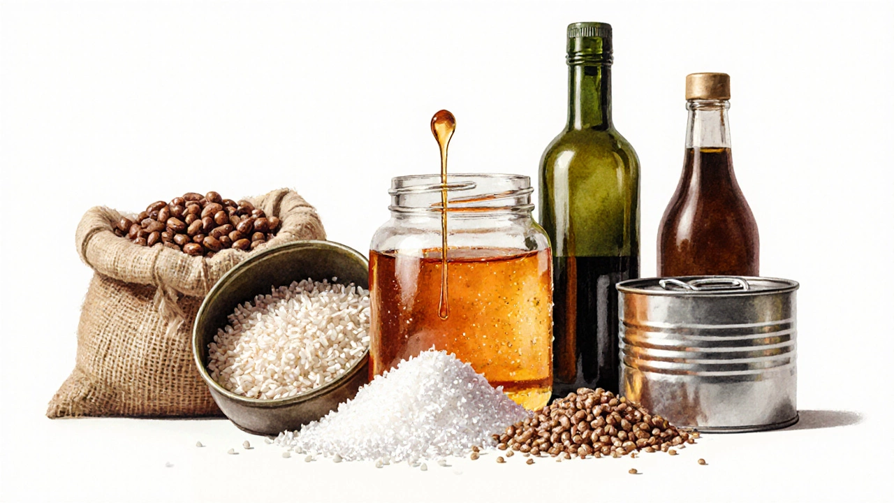 Flat‑lay pastel illustration of honey, salt, sugar, rice, beans, olive oil, soy sauce and a canned vegetable.