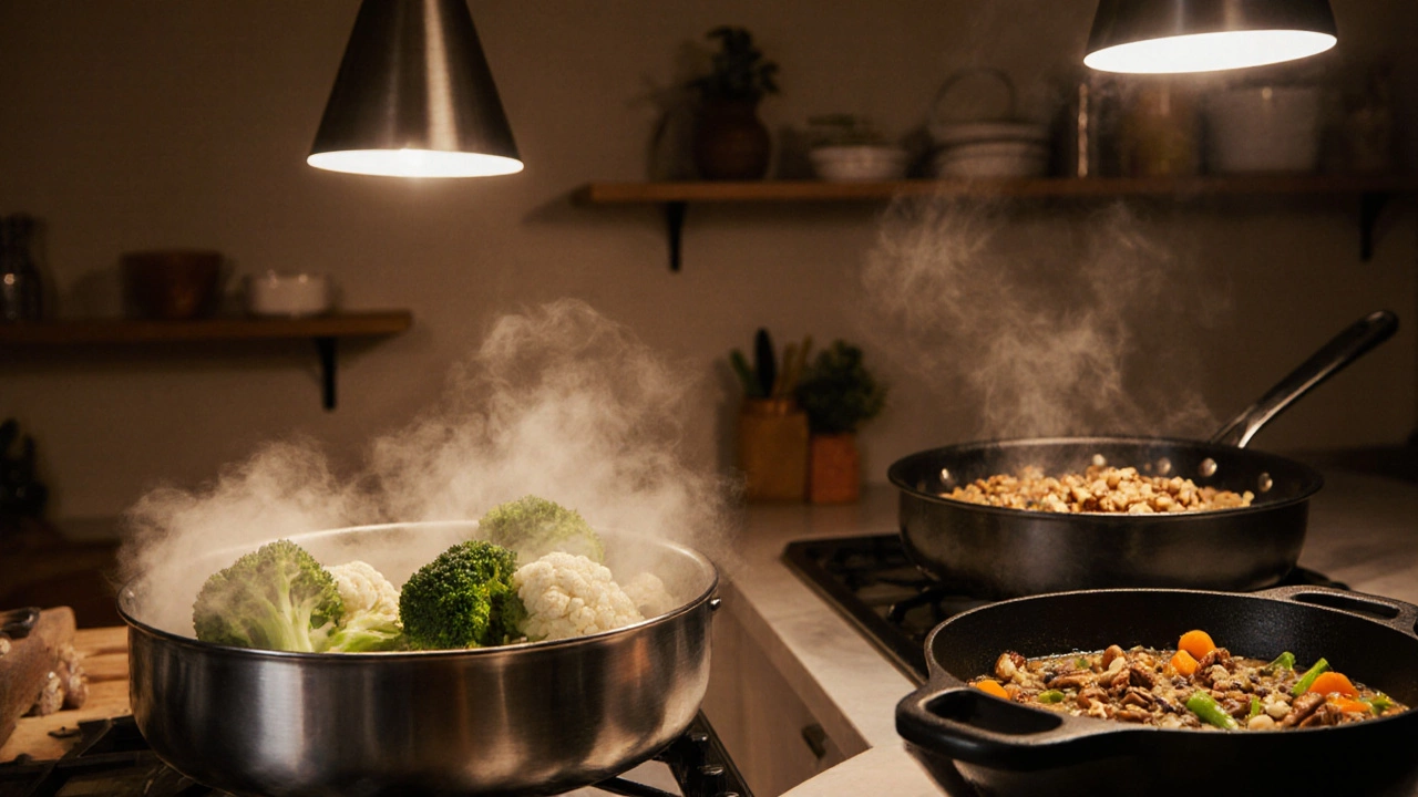 Кухня: паровая брокколи, жареные орехи и кипящая чечевичная супа в уютном свете.