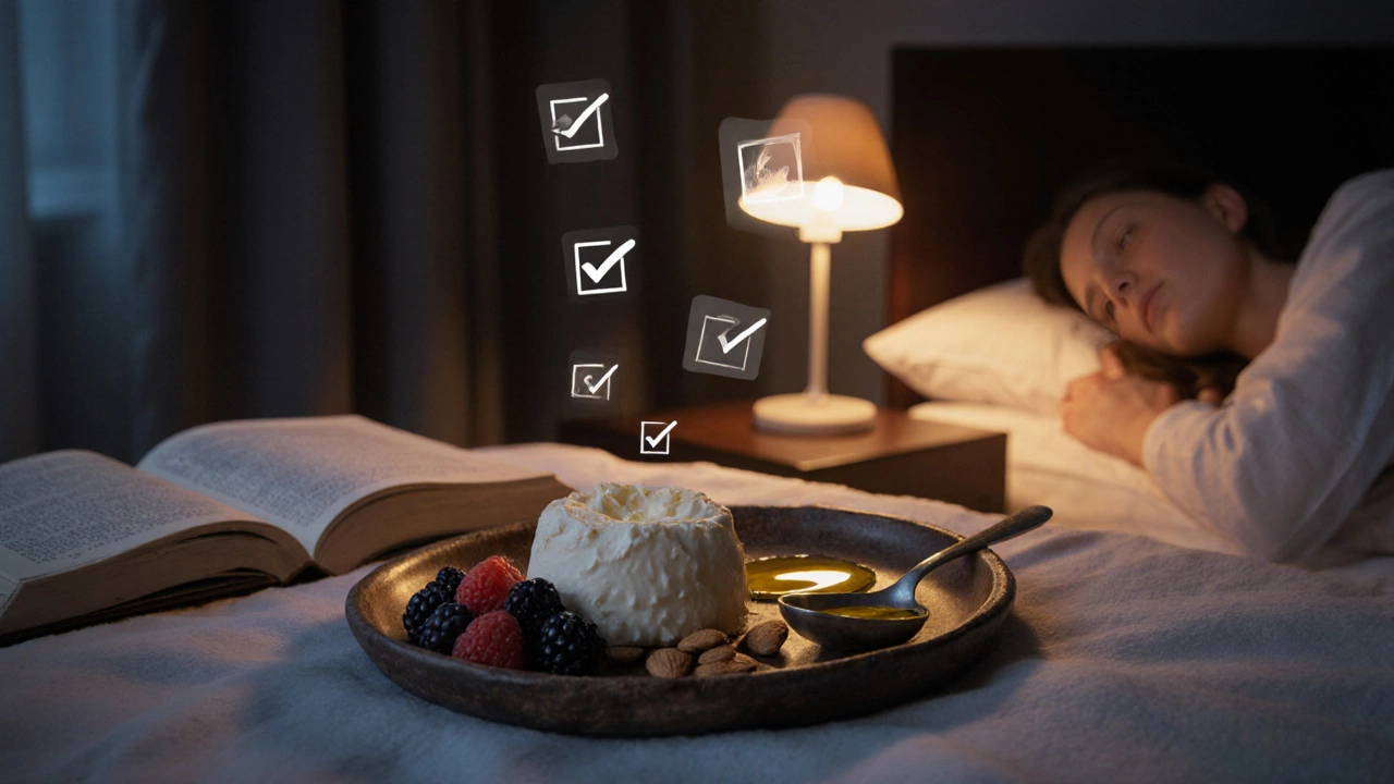На ночном столике тарелка с творогом, миндалём, ягодами и льняным маслом, освещённая лампой.