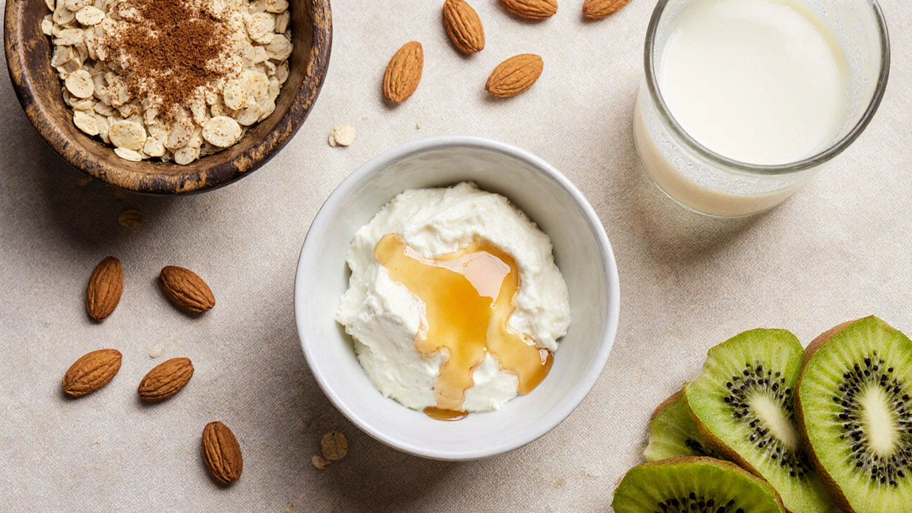 Плоская композиция из творога, овсянки, миндаля, кефира и киви на столе.