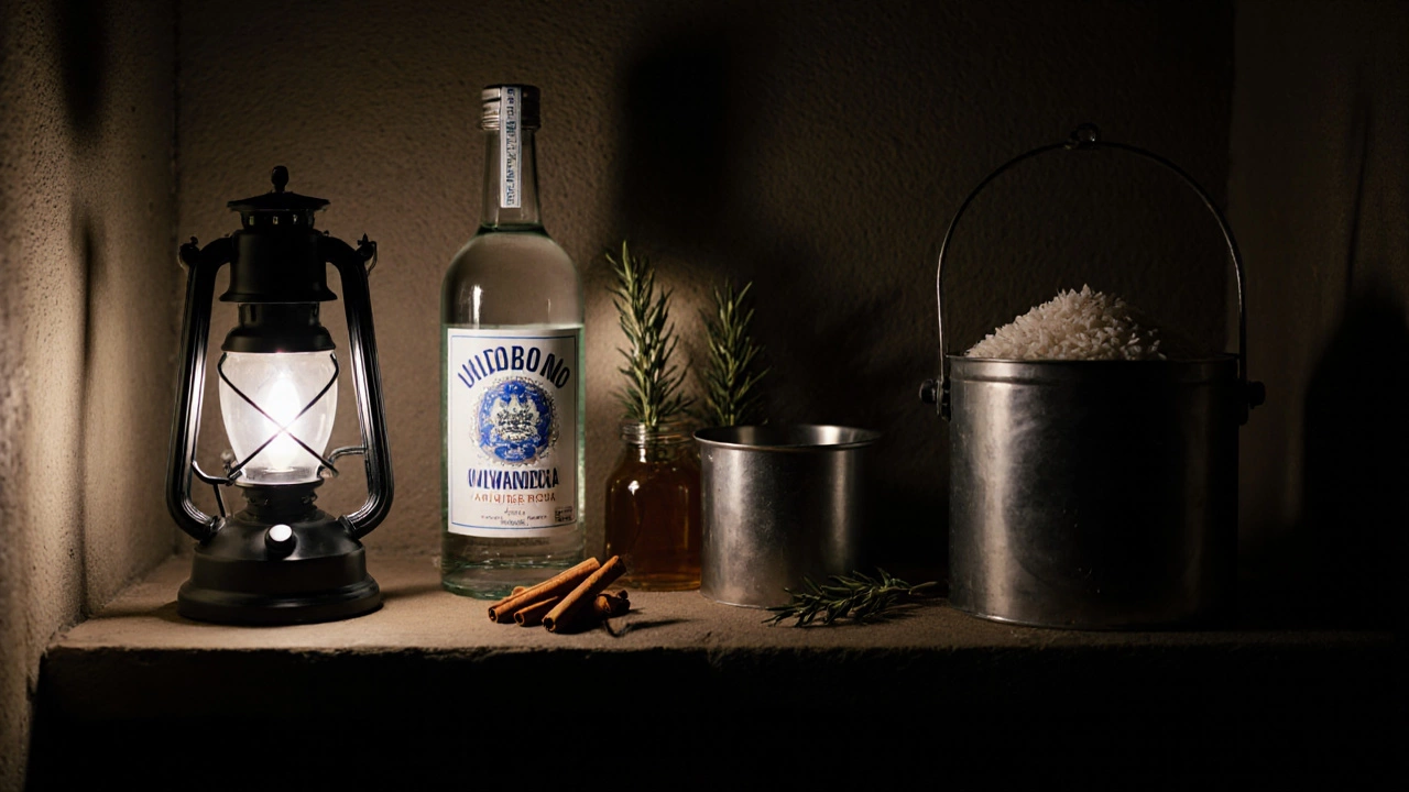 Полка с вечными продуктами в тёмном подвале, освещённая фонарём.