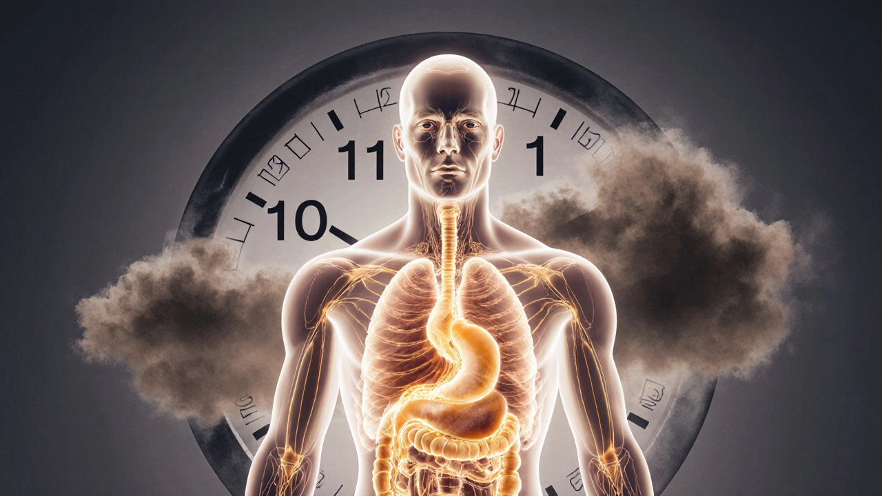 Прозрачное тело с потоками энергии во время интервального голодания, часы и тучи жира