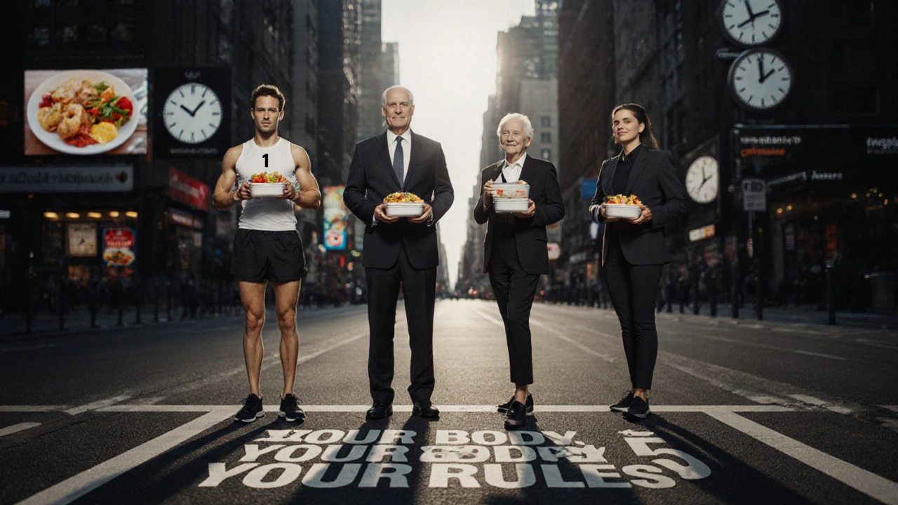 Разные люди с разным количеством еды на пути, надпись 'Твое тело — твои правила'