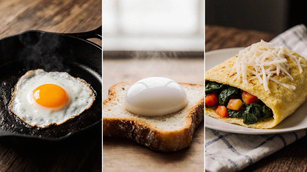 Солнечная яичница, пашот на тосте и омлет с начинкой, расположенные рядом.