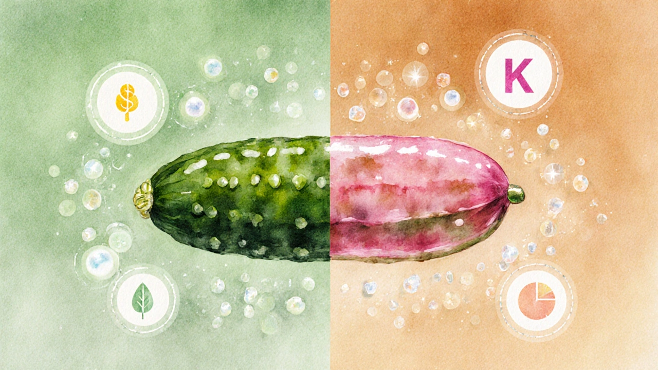 Сравнение свежего и солёного огурца: яркие витамины слева, исчезающие слева, соль справа.