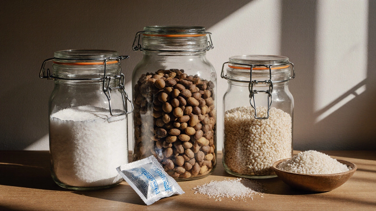 Стеклянные банки с сахаром, солью, бобовыми и рисом на деревянной полке.