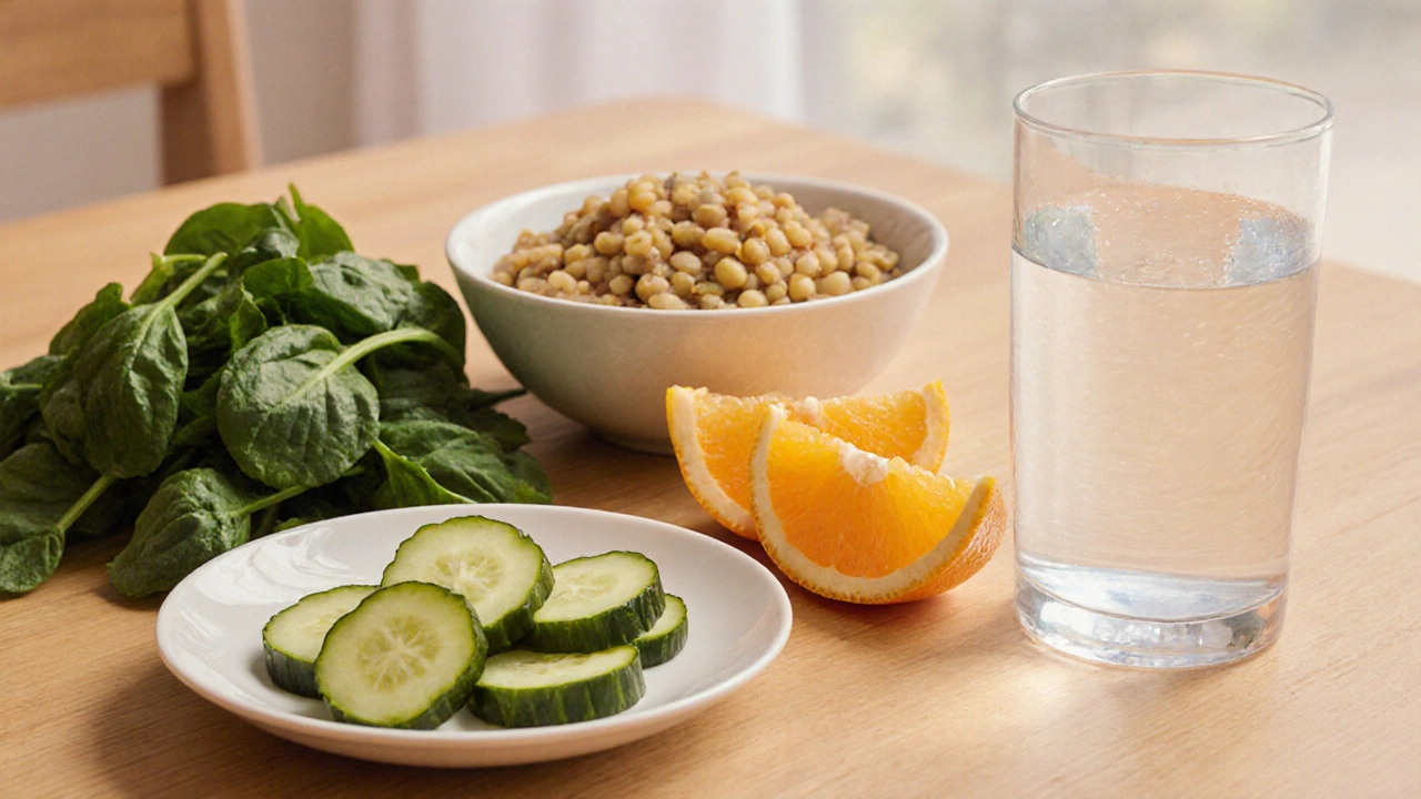 Тарелка с солёными огурцами, апельсиновыми дольками, шпинатом, чечевицей и стаканом воды.