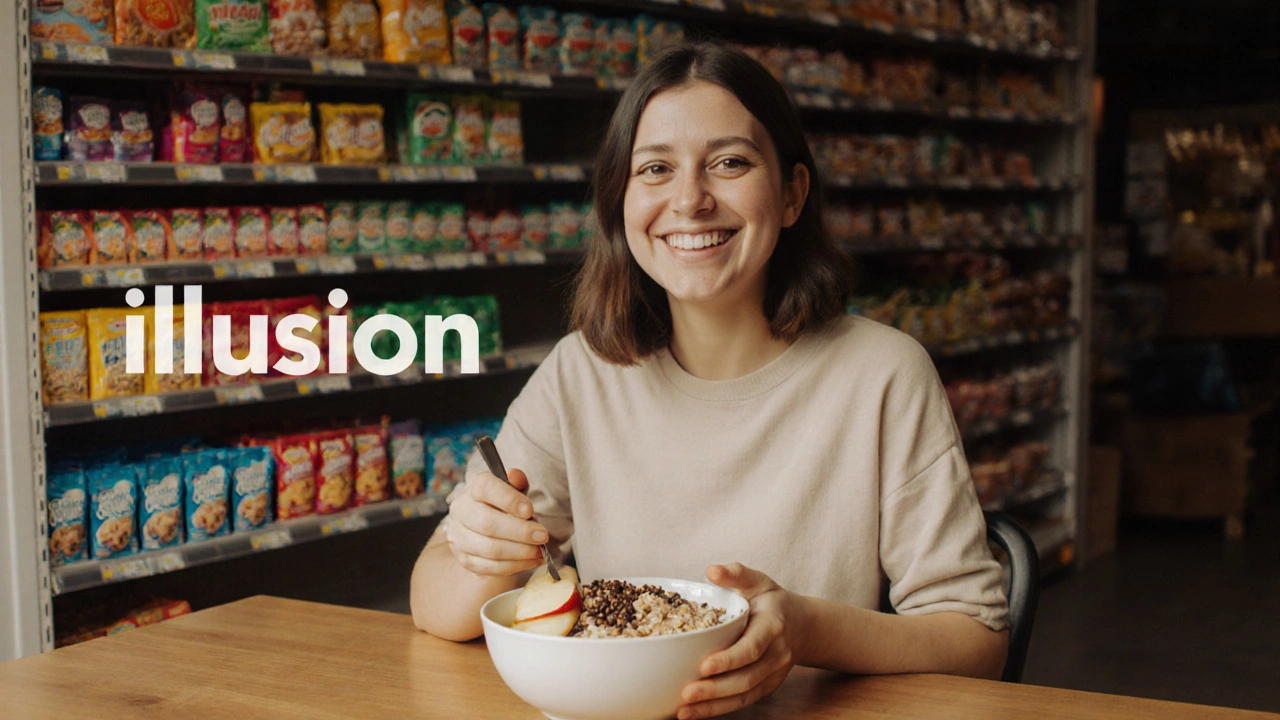 Человек ест овсянку с льняным семенем, за спиной — полки с упакованными продуктами, обозначенными как &#039;натуральные&#039;.