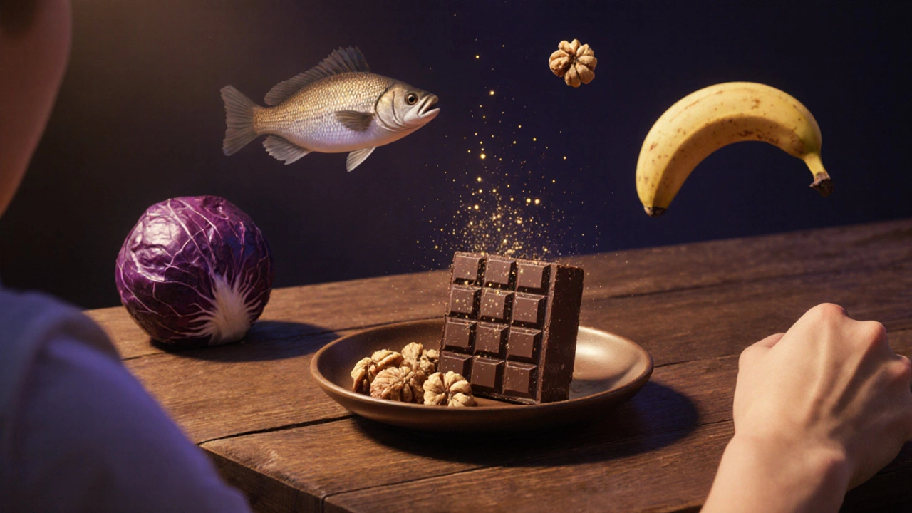 Человек ест темный шоколад и грецкие орехи, вокруг него витают символы счастья — серотонин и дофамин.
