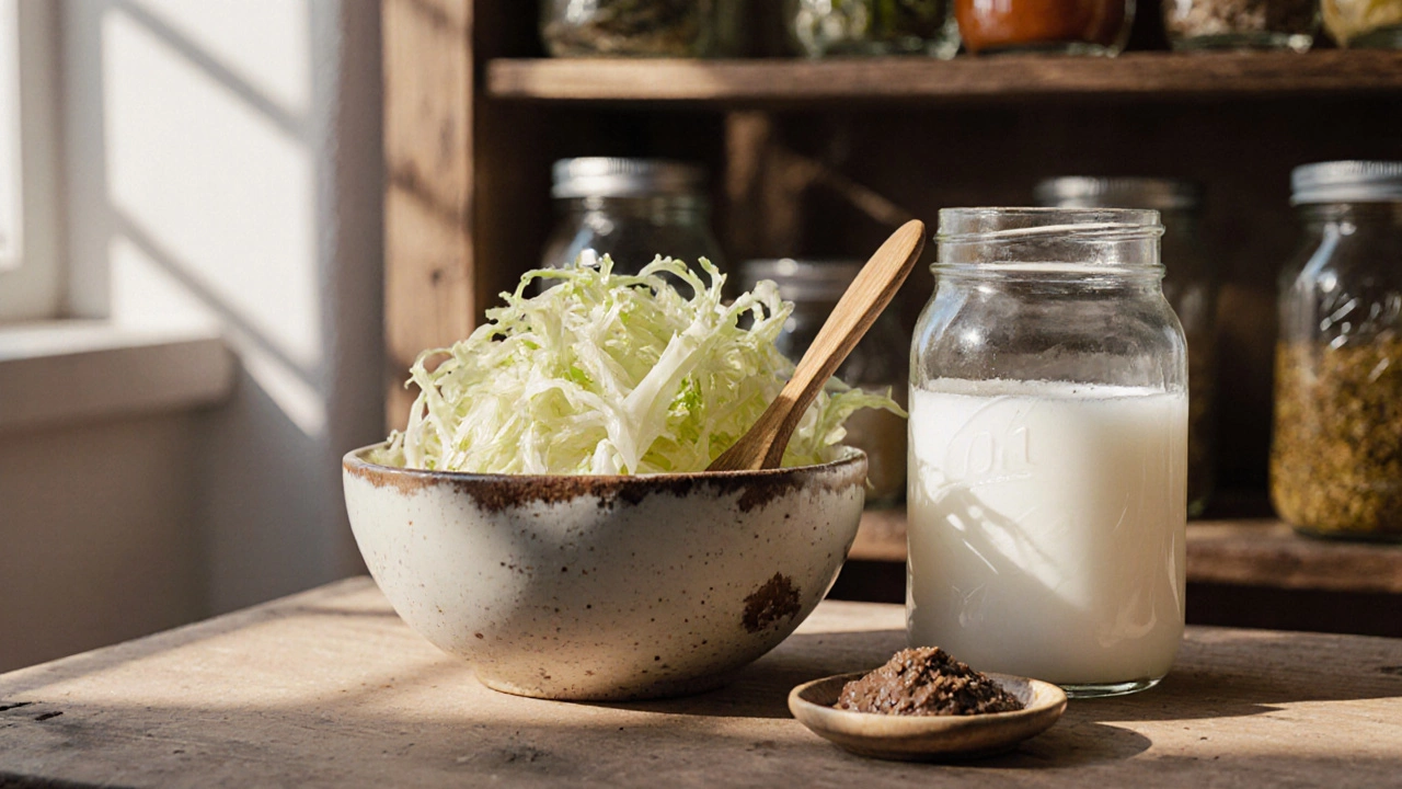 Ферментированные продукты: квашеная капуста, кефир и мисо в керамической посуде.