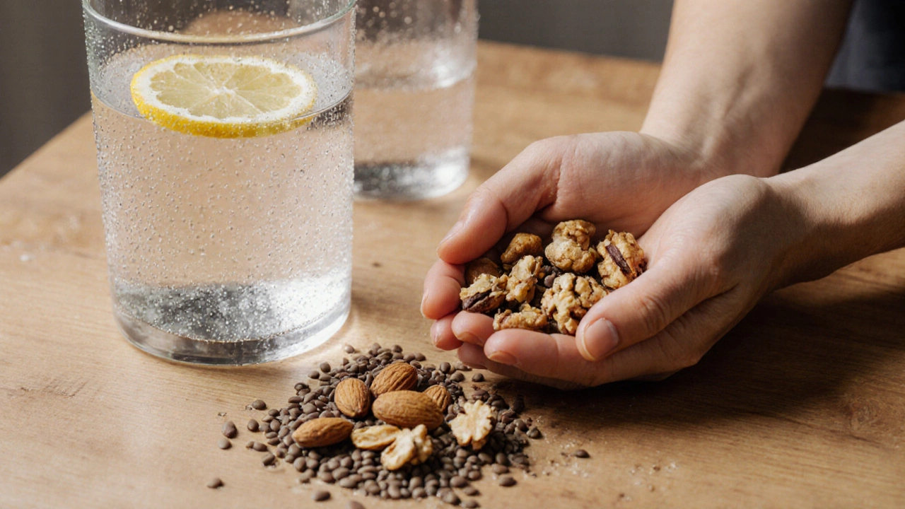 Грецкие орехи, миндаль и семена льна на деревянном столе с стаканом воды и лимоном.