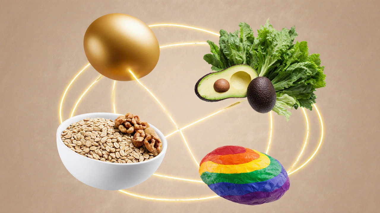 Иллюстрация четырёх компонентов питательного питания: белки, жиры, углеводы и овощи, соединённые световыми линиями.