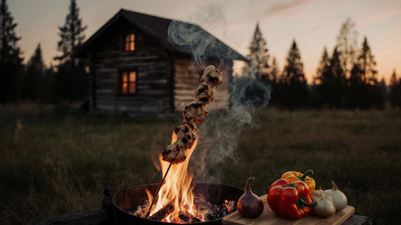 Куриные шашлыки на гриле с дымом и огнем на фоне русского двора.