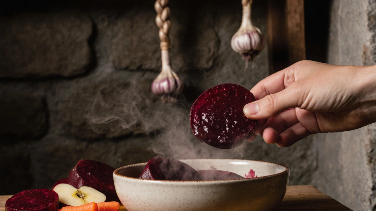 Ломтик квашеной свеклы на керамической тарелке с яблоком и морковью, пар поднимается от овощей.