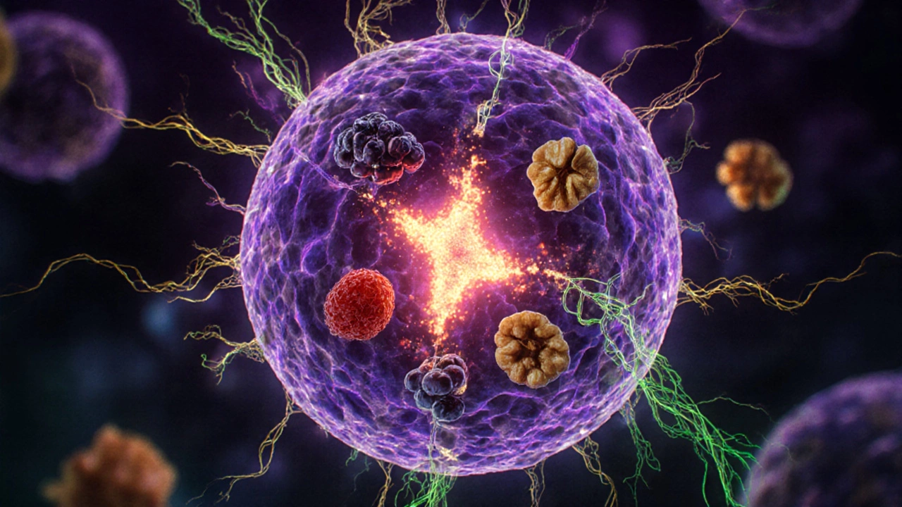 Микроскопическое изображение клетки с защищёнными митохондриями и клетчаткой, символизирующее биологическое долголетие.