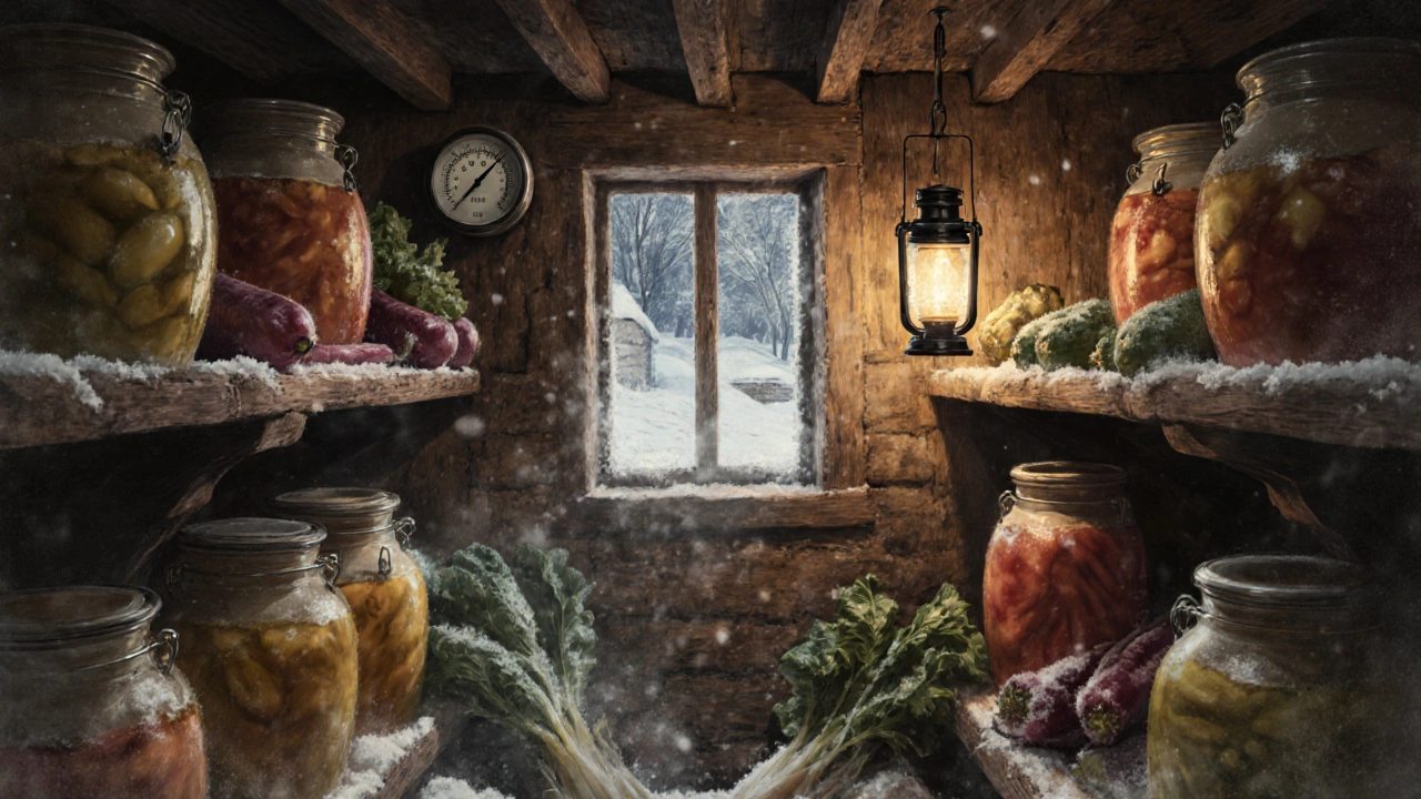 Подвал с кувшинами для квашения овощей при зимней температуре.