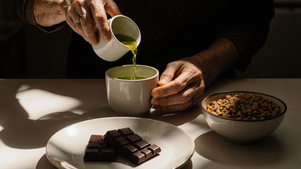 Пожилой человек пьёт зелёный чай у кухонного стола, рядом — тёмный шоколад и чечевица.