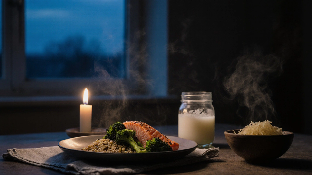 Простой ужин из лосося, брокколи и квашеной капусты на скатерти с горящей свечой в русской кухне.