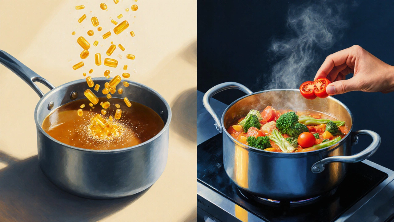 Разделённая сцена: слева — витамины уходят в воду, справа — овощи на пару сохраняют цвет.