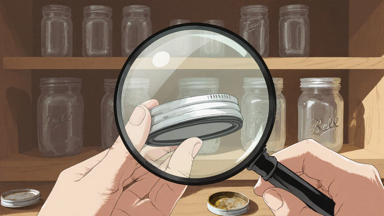 Рука осматривает резиновый уплотнитель крышки для консервации под увеличением.