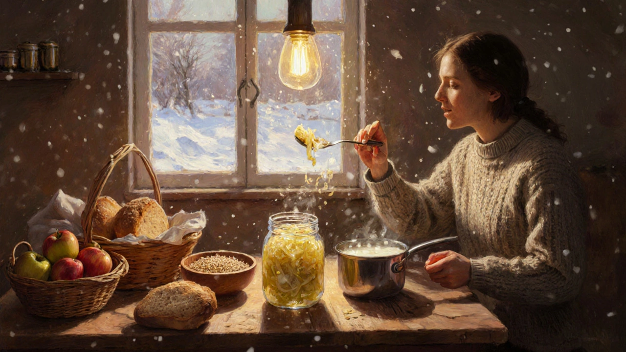 Русская кухня зимой: квашеная капуста, гречка, кефир и яблоки на деревянном столе у окна.