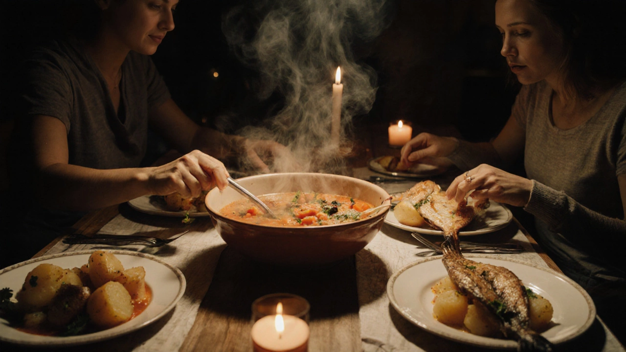 Семья ужинает за столом с тарелками горячего борща и запеченной рыбы.