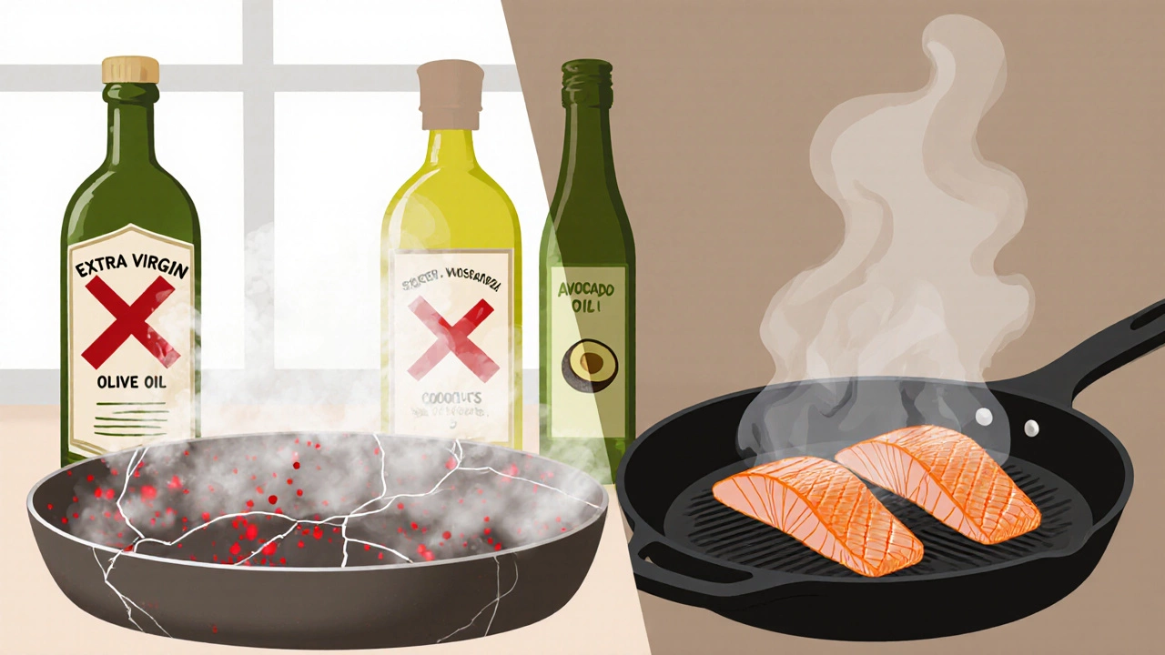Сравнение опасной керамической сковороды и безопасной чугунной с маслами.