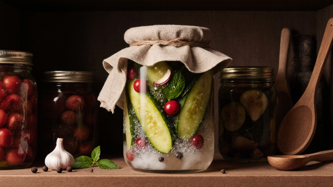 Стеклянная банка с квашеными огурцами, листьями вишни и чесноком в рассоле, накрытая марлей.