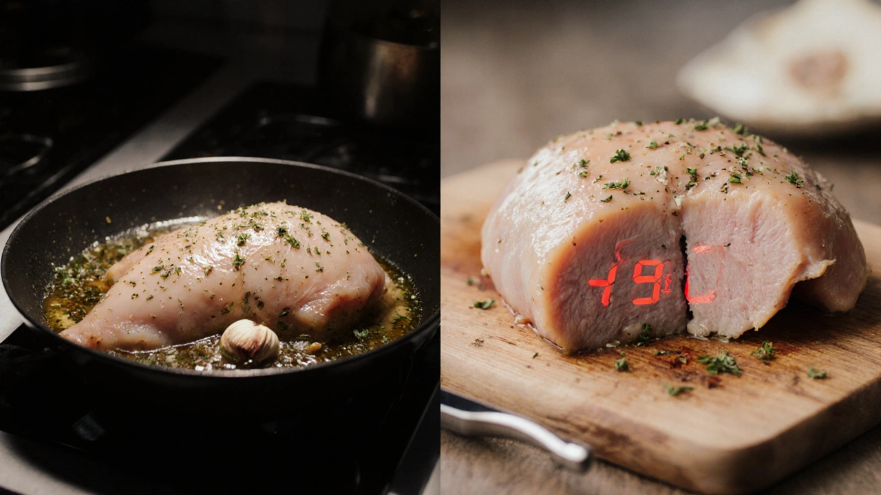 Сырая курица слева, справа — та же курица с термометром, показывающим 74°C.