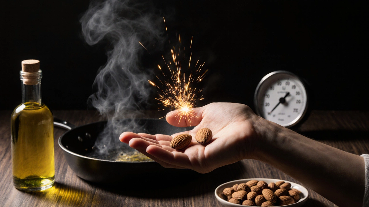 Сырый и жареный орехи, с визуализацией разрушения витамина Е при высокой температуре.