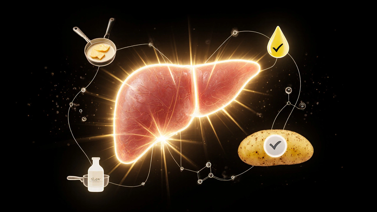 Здоровая печень с символами правильного жарения: сковорода, гхи и кокосовое масло.