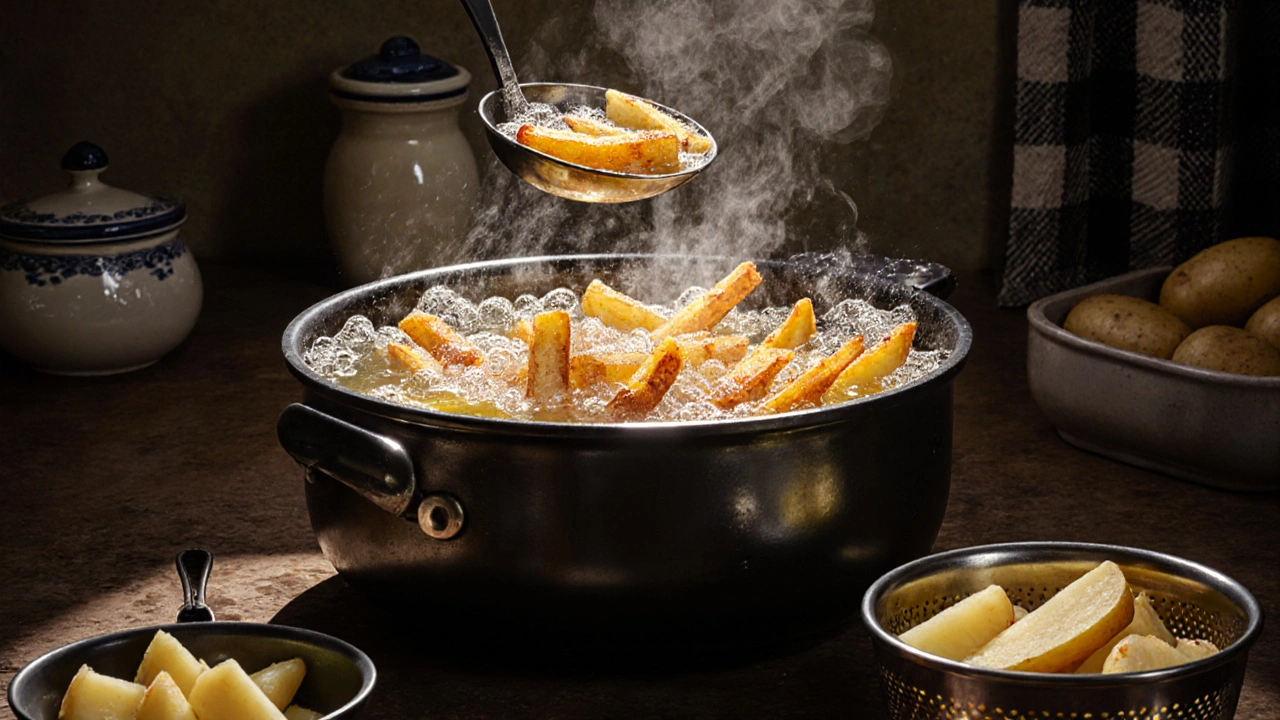 Золотистые картофельные фри жарятся в глубокой сковороде с пузырящимся маслом.