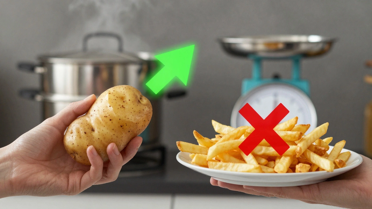 Человек держит сырой картофель и картошку фри — зелёная стрелка указывает на полезный вариант.