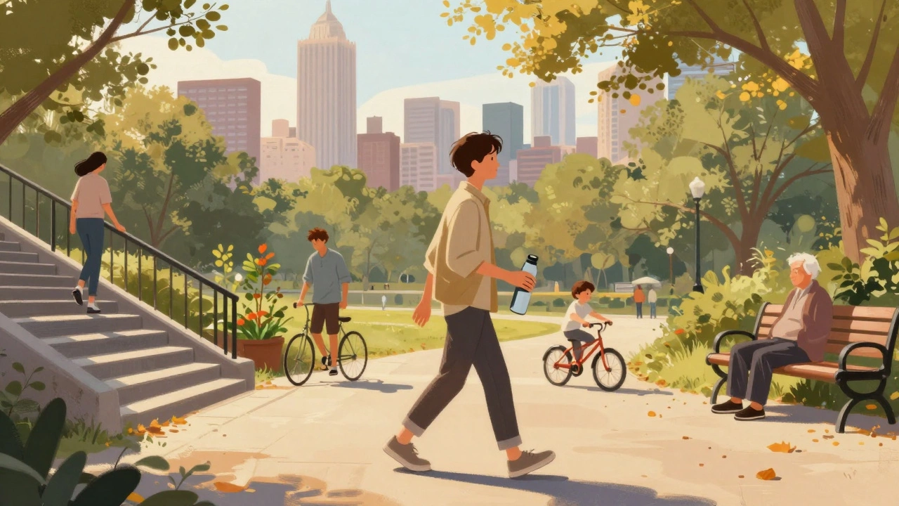 Человек гуляет в парке на закате, вокруг — другие люди в повседневной активности.