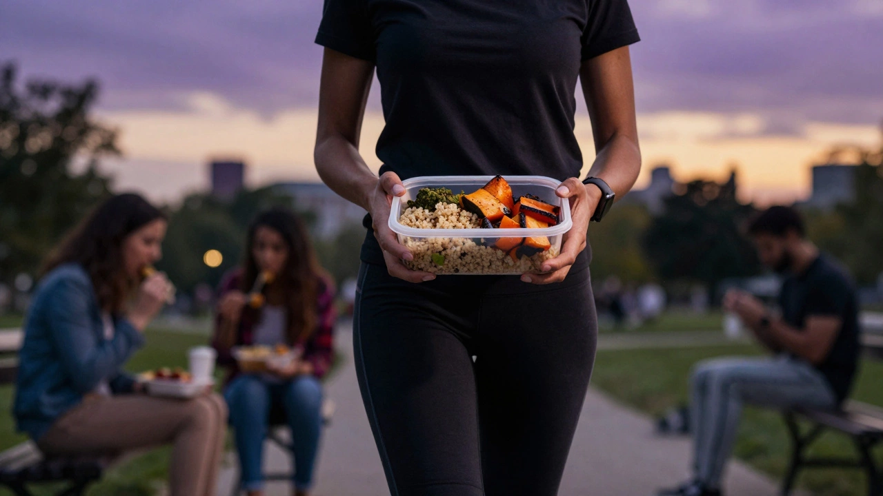 Человек идет по парку с контейнером здоровой еды, в фоне — люди с фастфудом, сумеречный свет.