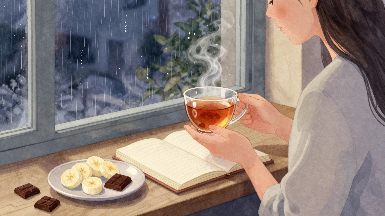 Человек пьет травяной чай у окна, рядом банан и кусочки темного шоколада, за окном дождь