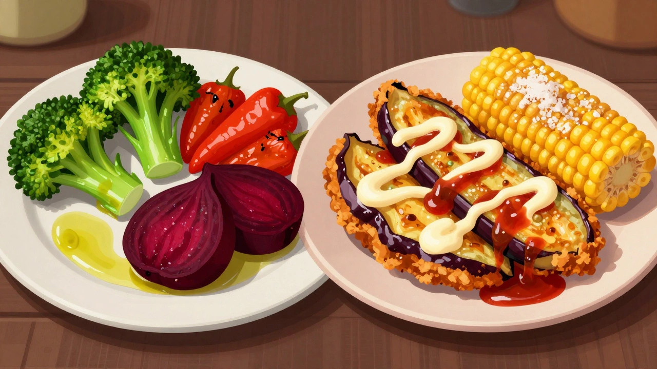 Два блюда: здоровые запечённые овощи слева и жареные с соусами справа, контраст питания.