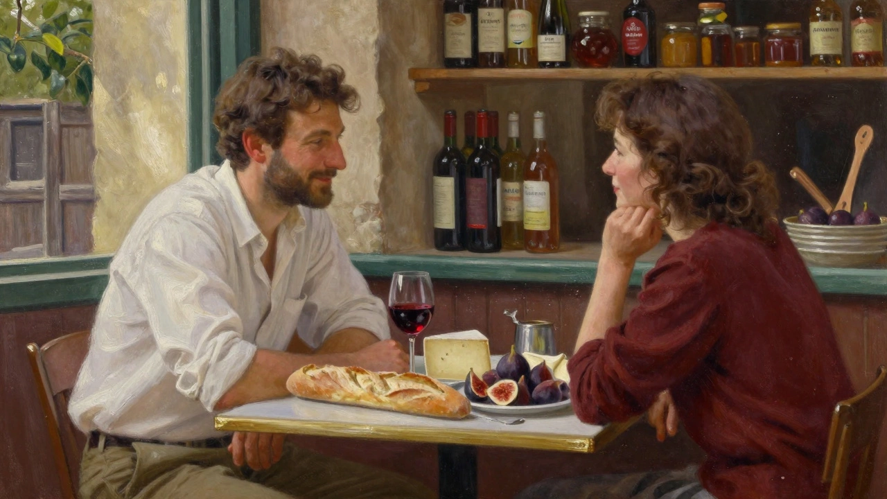 Французская пара наслаждается простым обедом с хлебом, сыром и вином в деревенском бистро без телефонов.