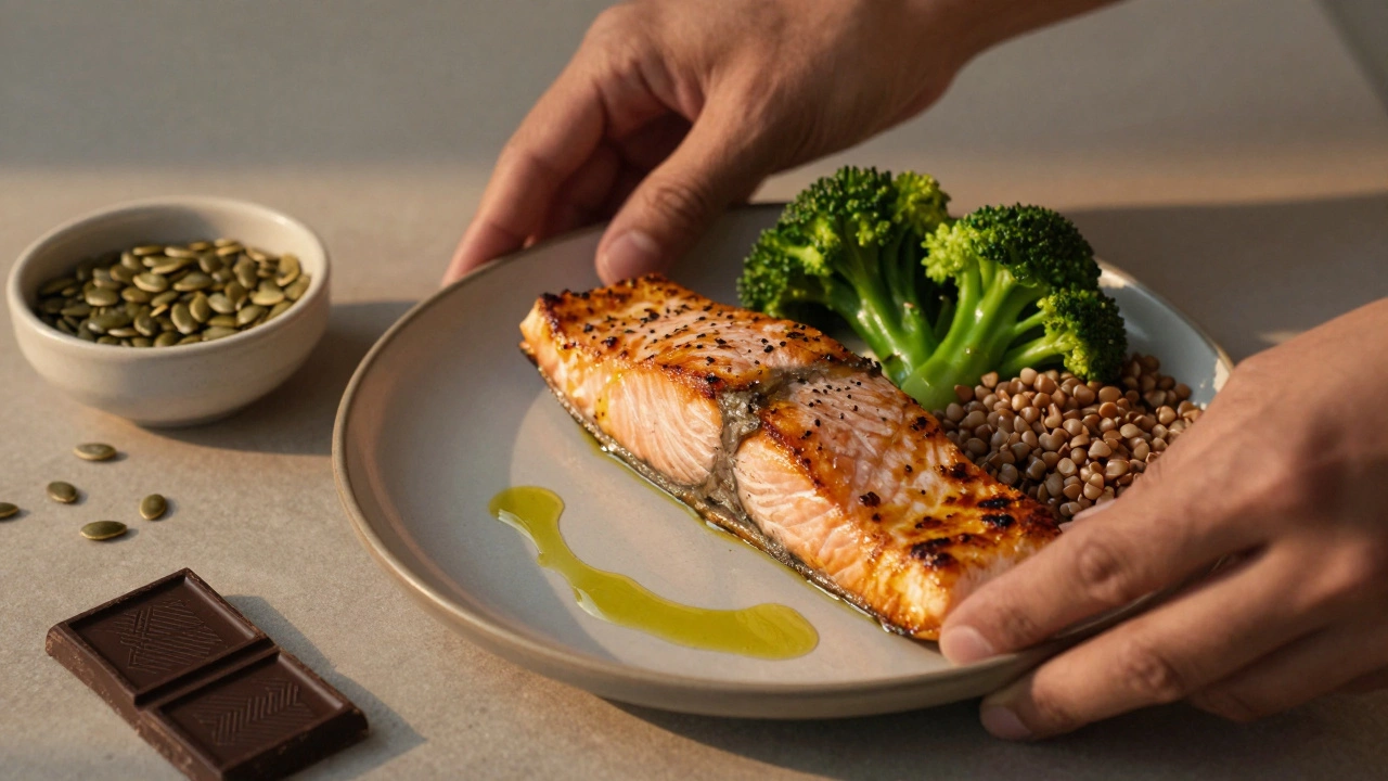 Грильлосос на тарелке с брокколи и гречкой, рядом тыквенные семечки и темный шоколад