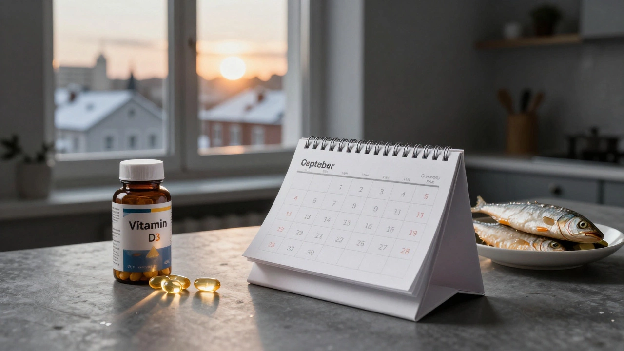 Календарь с сентября на октябрь, рядом капсулы витамина D и рыба, за окном зимний пейзаж.