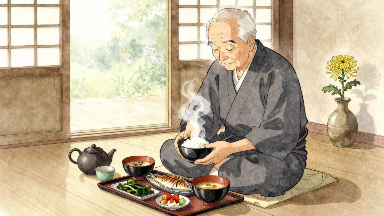 Пожилая женщина в Окинаве готовит маленькую порцию риса, рыбы и водорослей у окна с бумажными шторами.