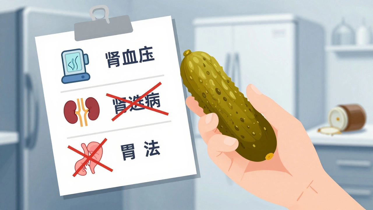 Рука держит огурец рядом с медицинскими символами заболеваний, на которых красные запрещающие линии.