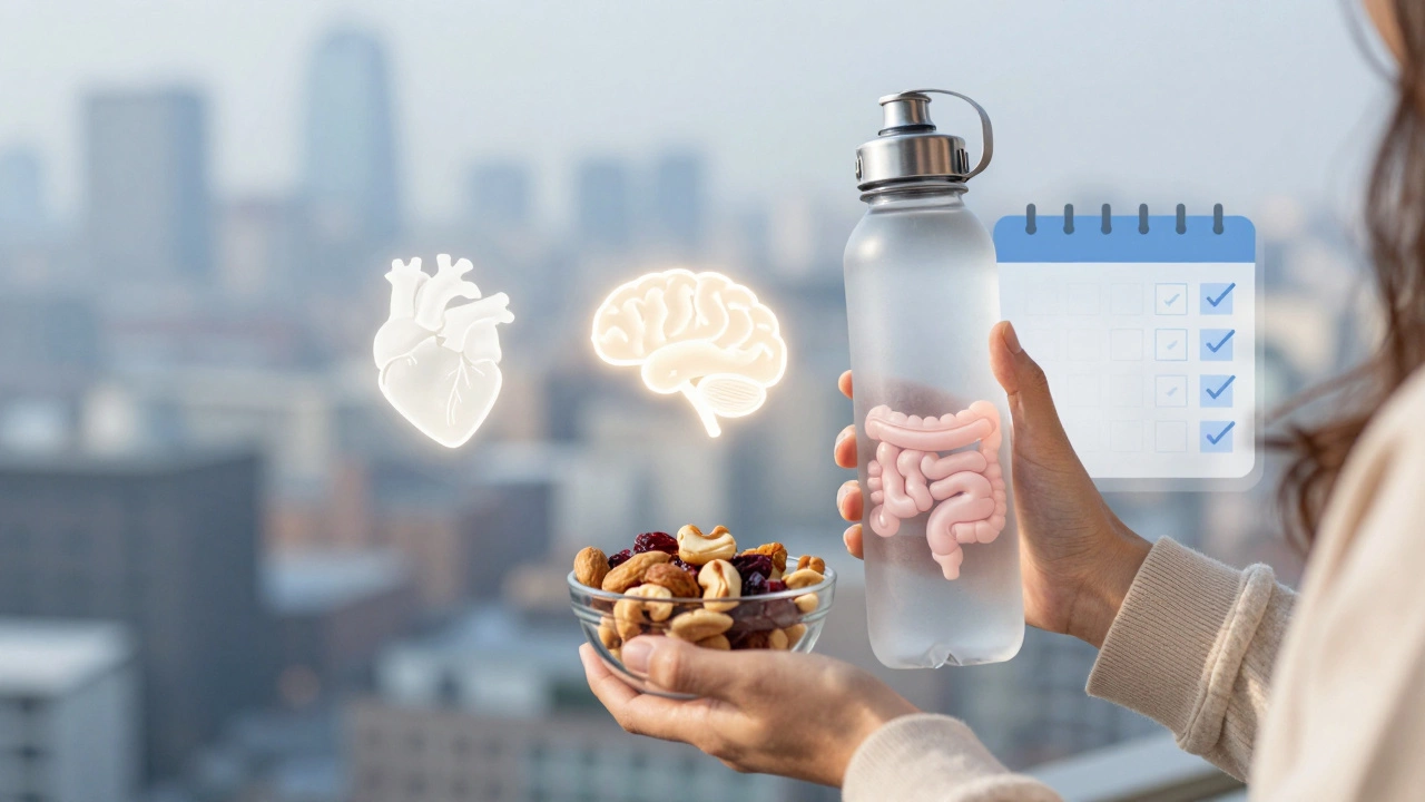 Руки держат бутылку воды и орехи, вокруг — символы здоровья и календарь здорового питания.