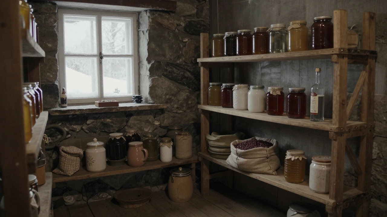 Русская кладовая с медом, солью, бобами и водкой на полках