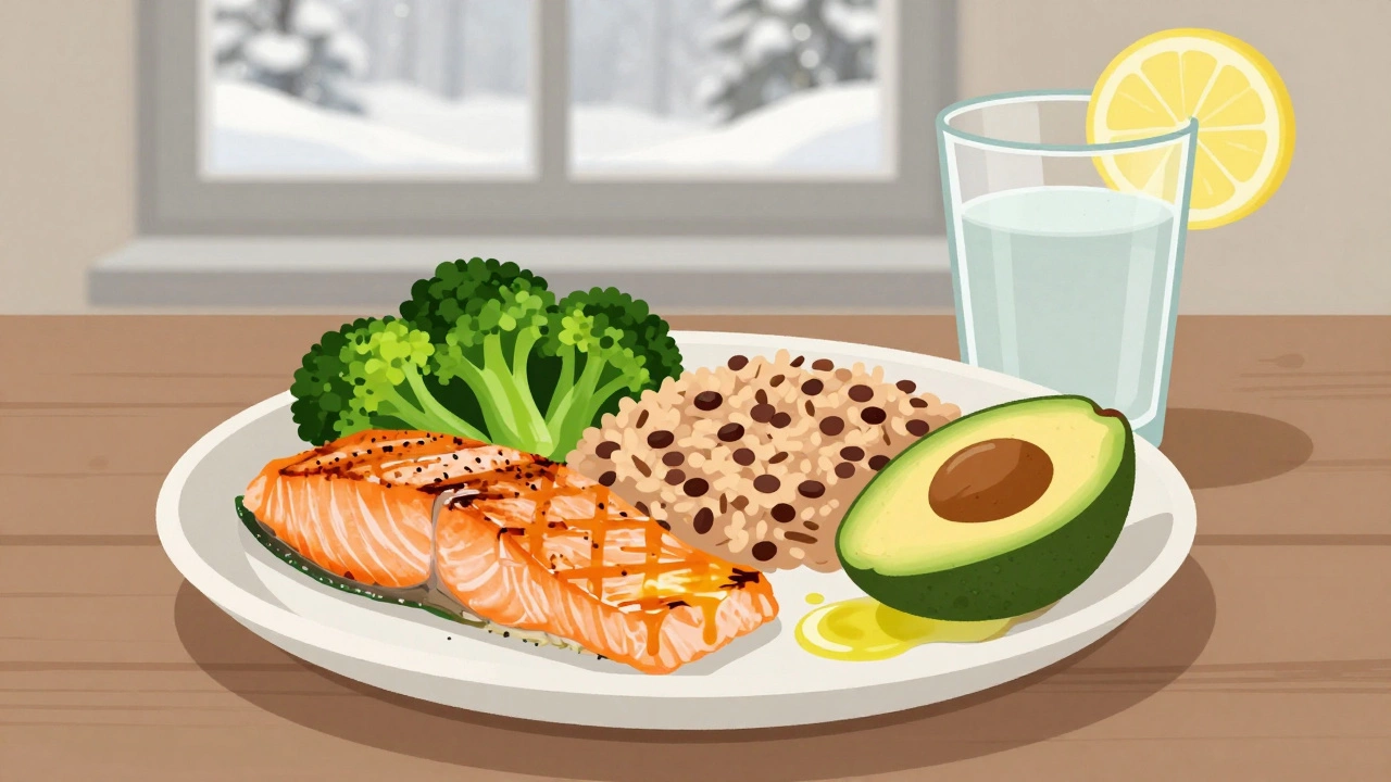 Сбалансированный обед: лосось, брокколи, гречка и авокадо на тарелке с водой и лимоном.