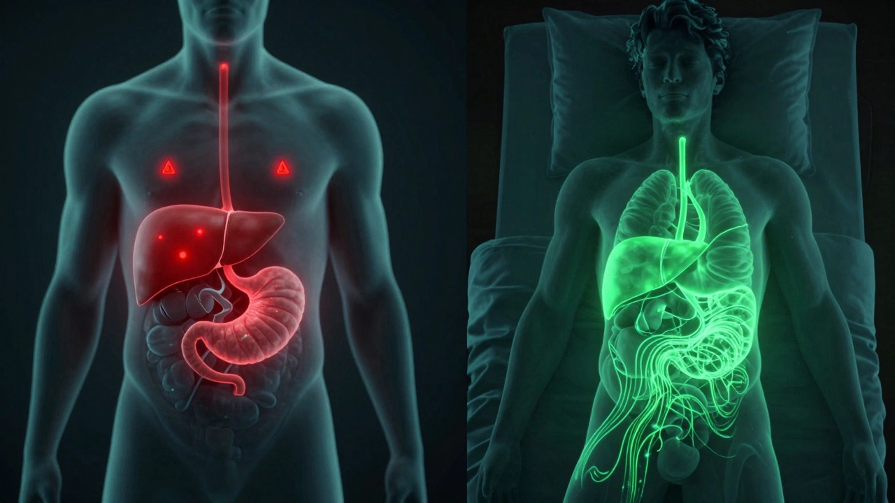 Схематичное изображение тела с предупреждающими сигналами на органах при ночном питании и восстановлением в сне.